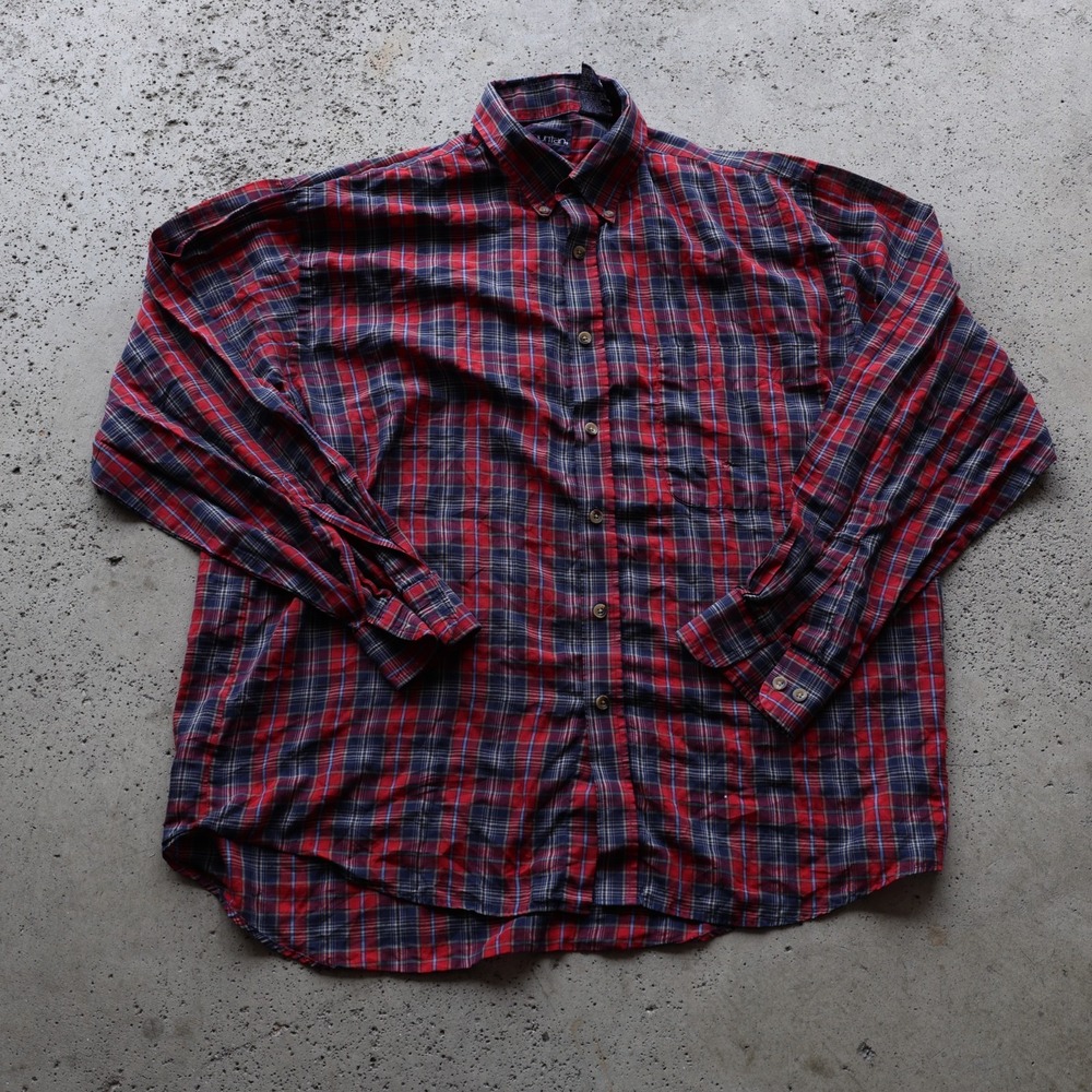 Puritan Red Navy Plaid Button Down Shirt Long Sleeve Oversized Men's Size M